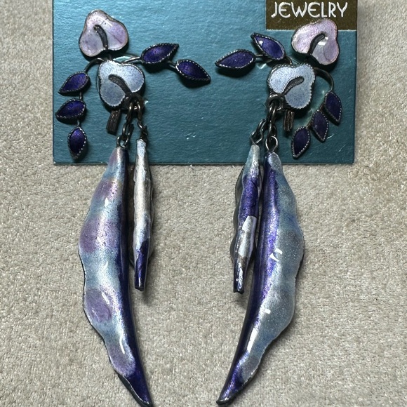 Thousand Flowers vintage sterling silver purple pink enamel earrings - Picture 2 of 3